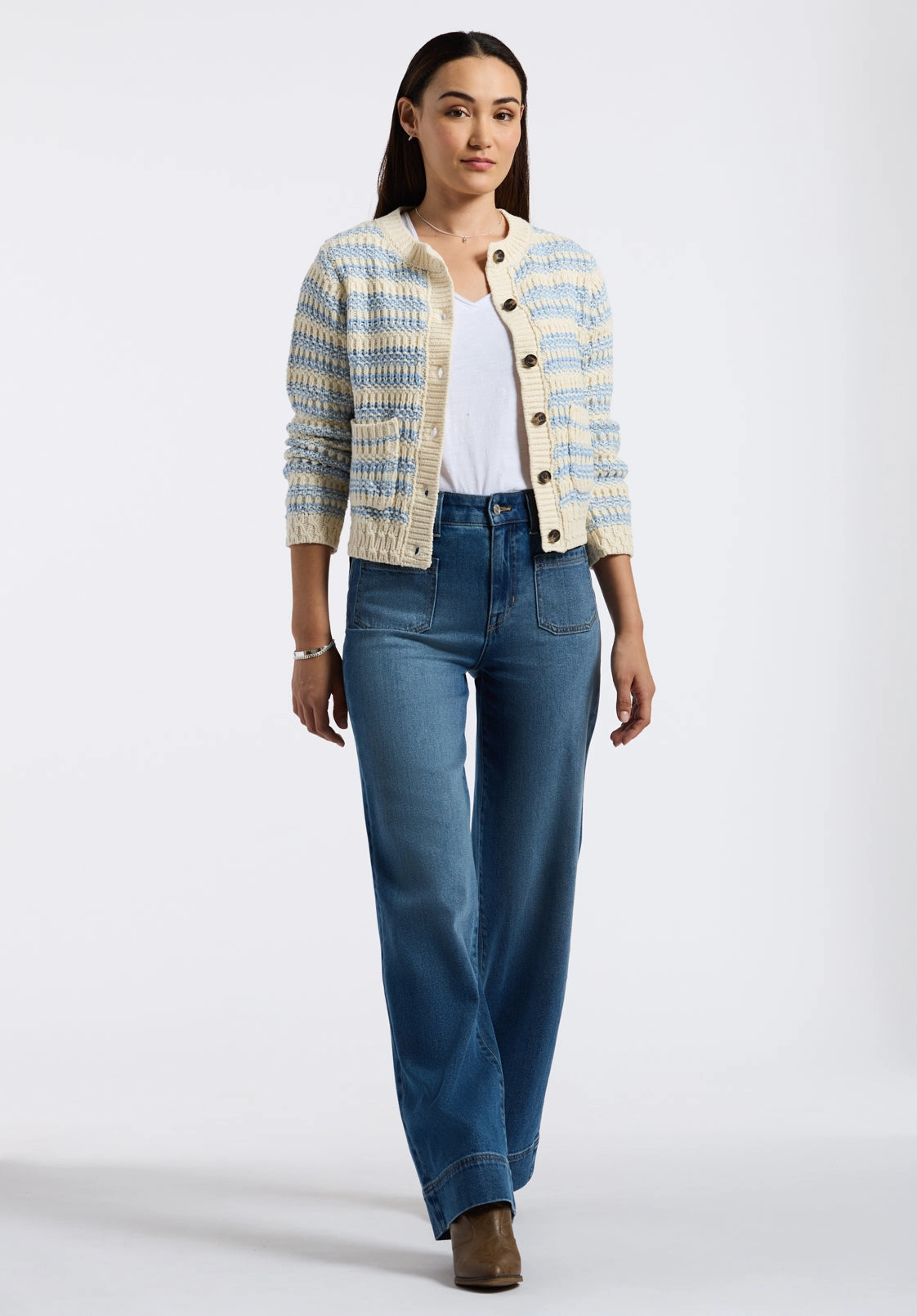Amaranth Women's Striped Open Knit Cardigan, Cloud & Blue - SW0113P