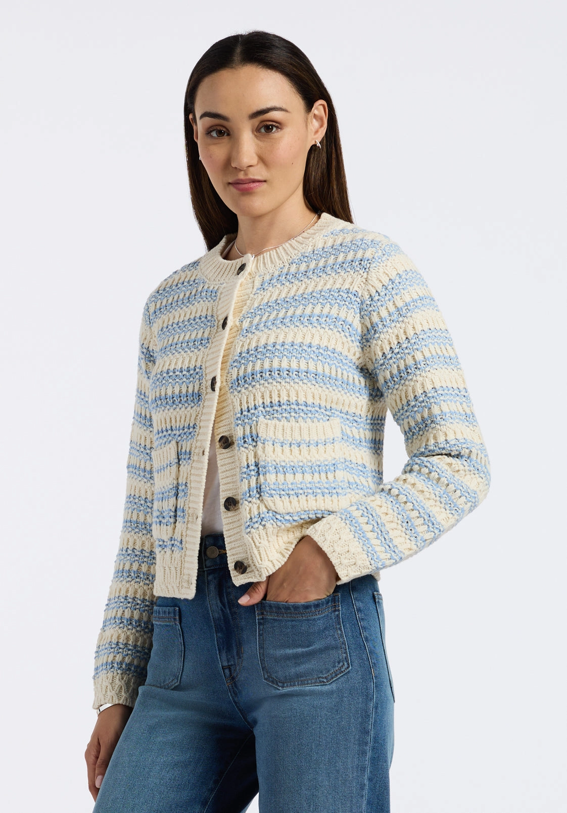 Amaranth Women's Striped Open Knit Cardigan, Cloud & Blue - SW0113P
