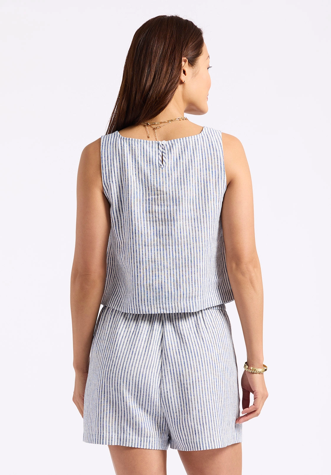 Benedita Women's Striped Sleeveless Linen Top, White & Navy - WT0198P