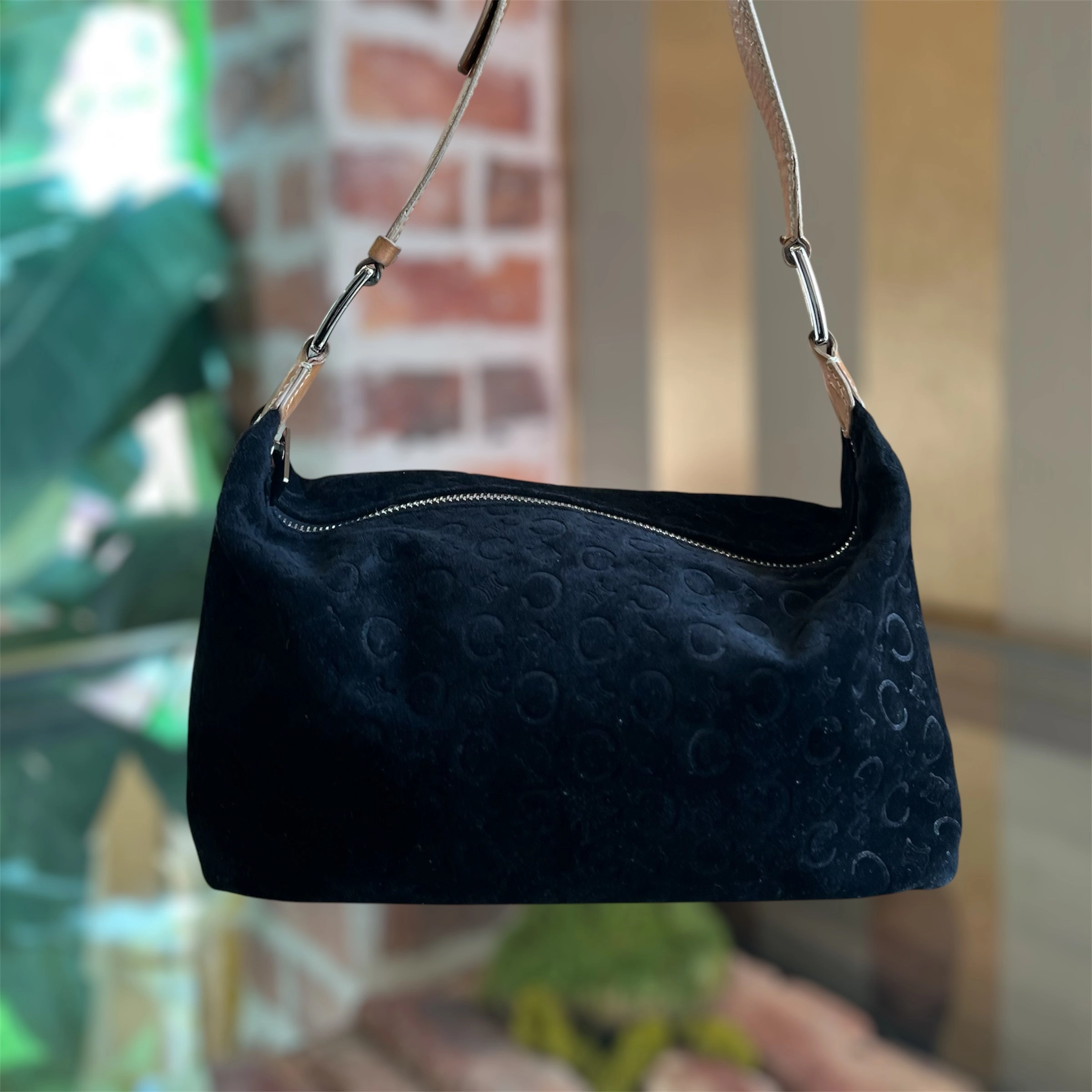 CELINE Macadam Embossed Suede Shoulder Bag