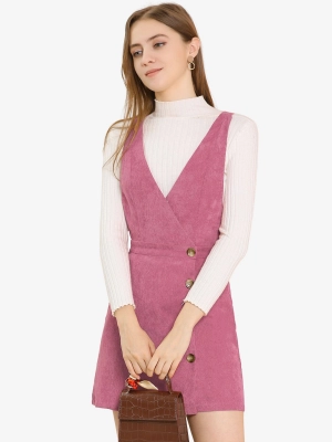 Corduroy Mini V Neck Vintage A-Line Bib Overall Pinafore Dress