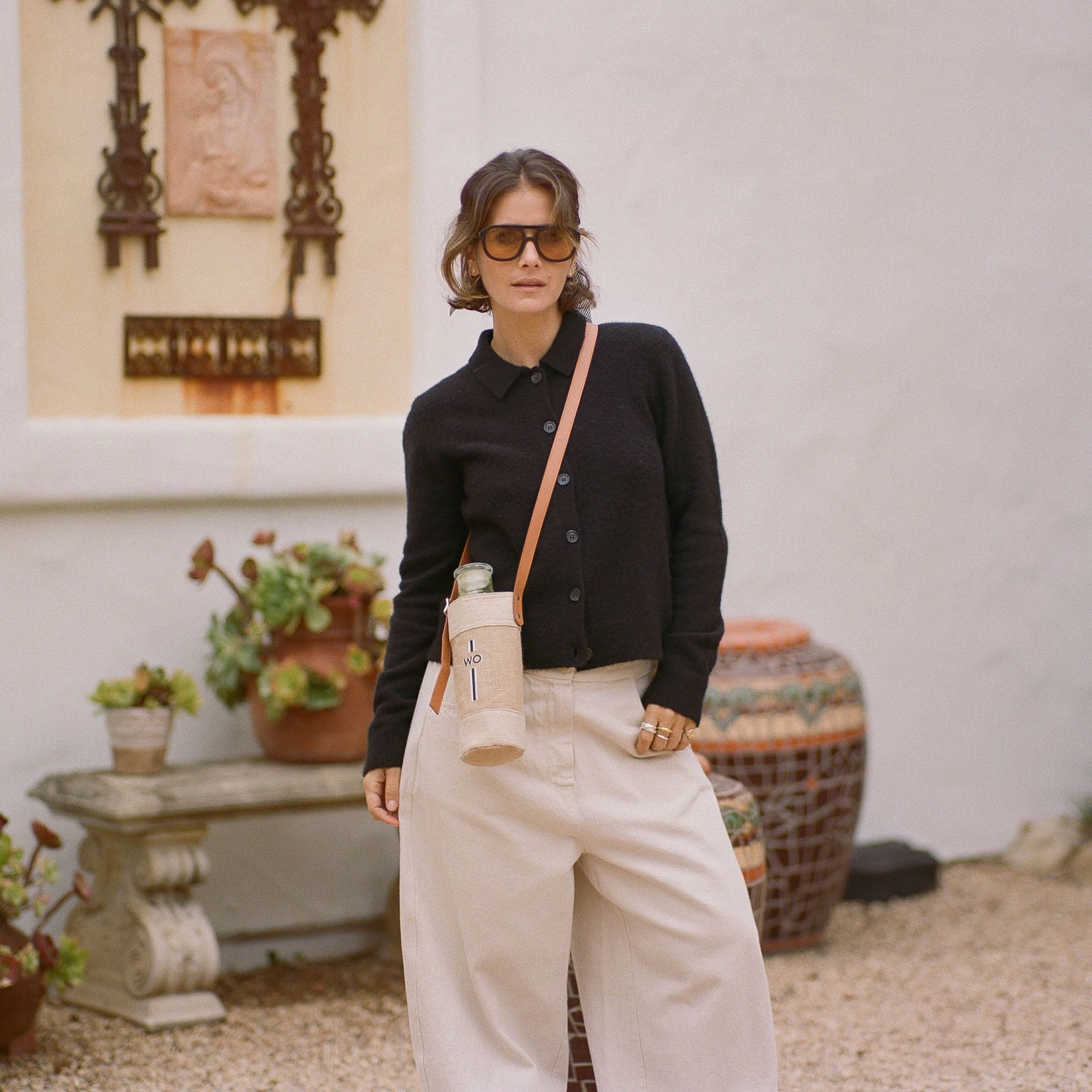 Crossbody Bottle Bag in Natural LA Black Print by Geoff McFetridge