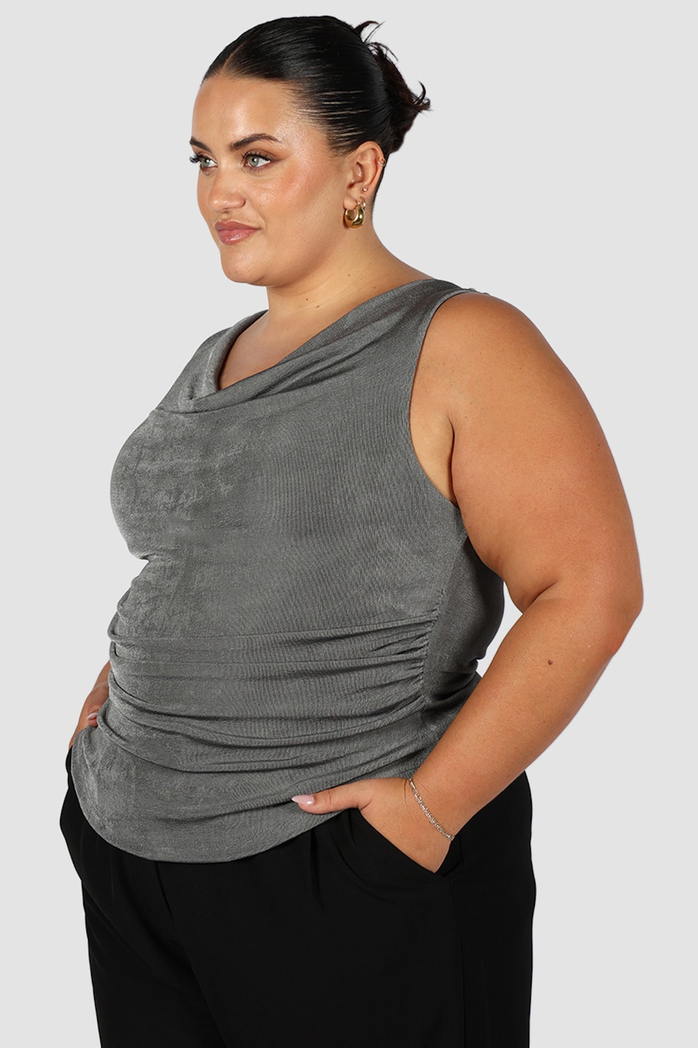 IVES COWL NECK TOP GUNMETAL