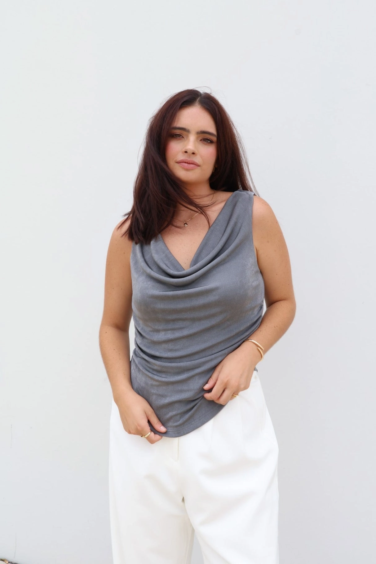 IVES COWL NECK TOP GUNMETAL