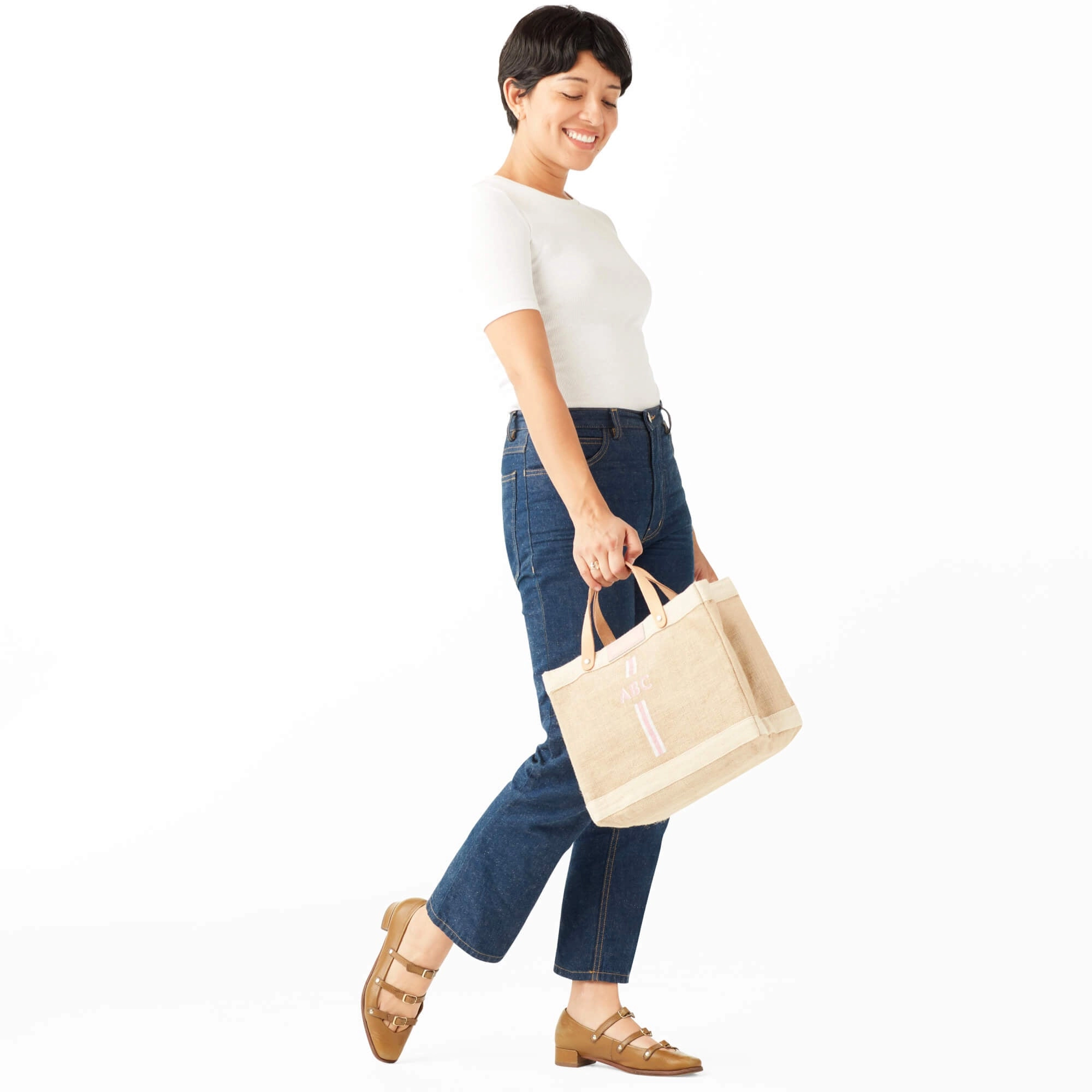 Petite Market Bag in Natural with Pink Striped Monogram