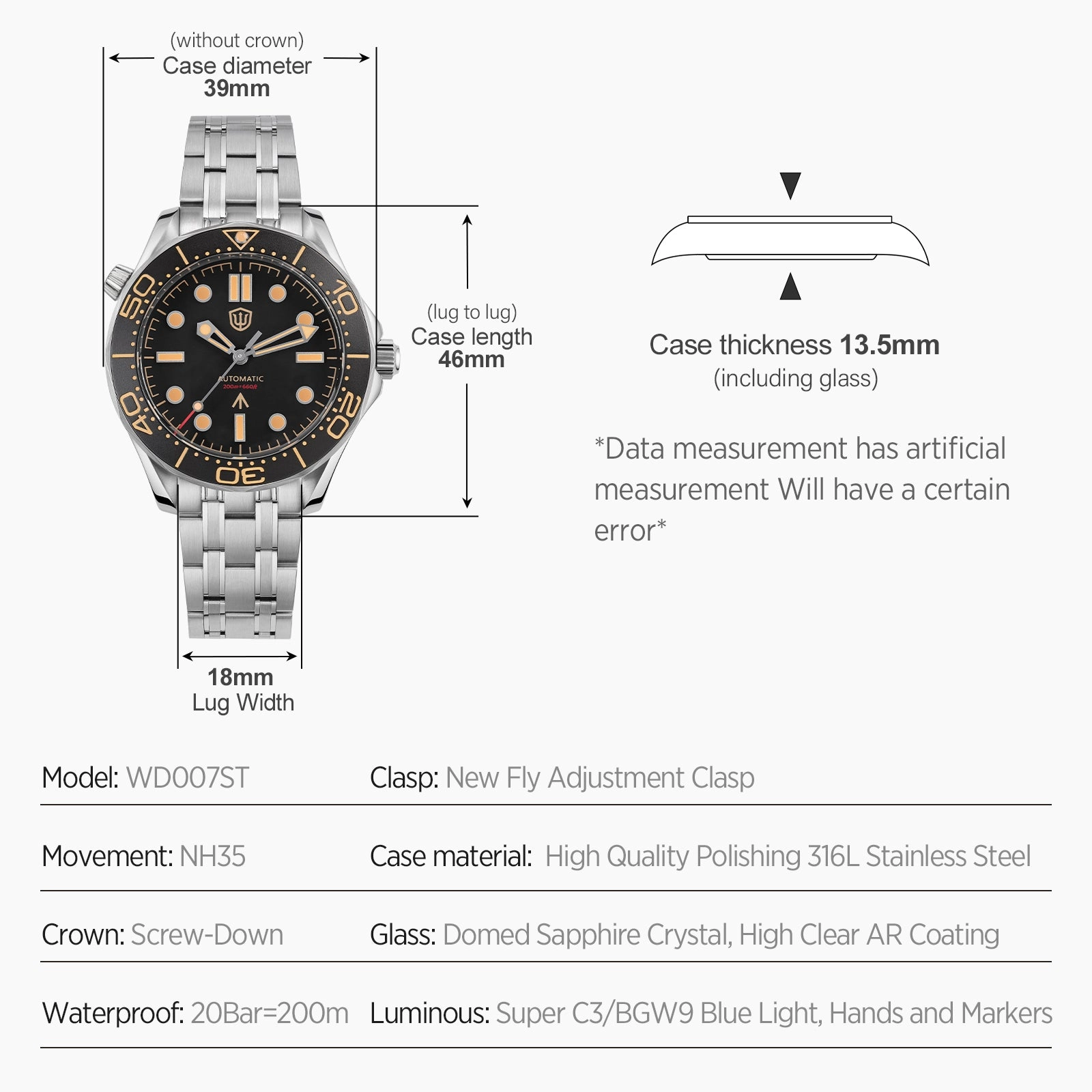 ★WeeklyDeal★Watchdives WD007ST 39mm NTTD Dive Watch